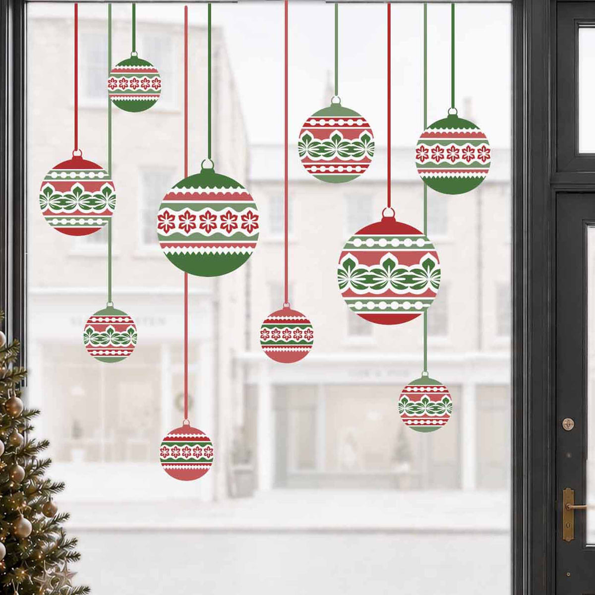 Red & Green Nordic Christmas Bauble Window Cling Decorations