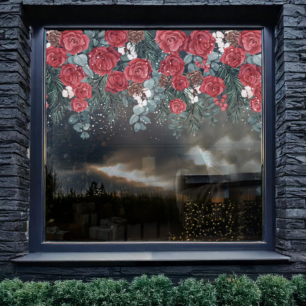 Winter Red Roses with Snow Christmas Window Border Cling Decoration