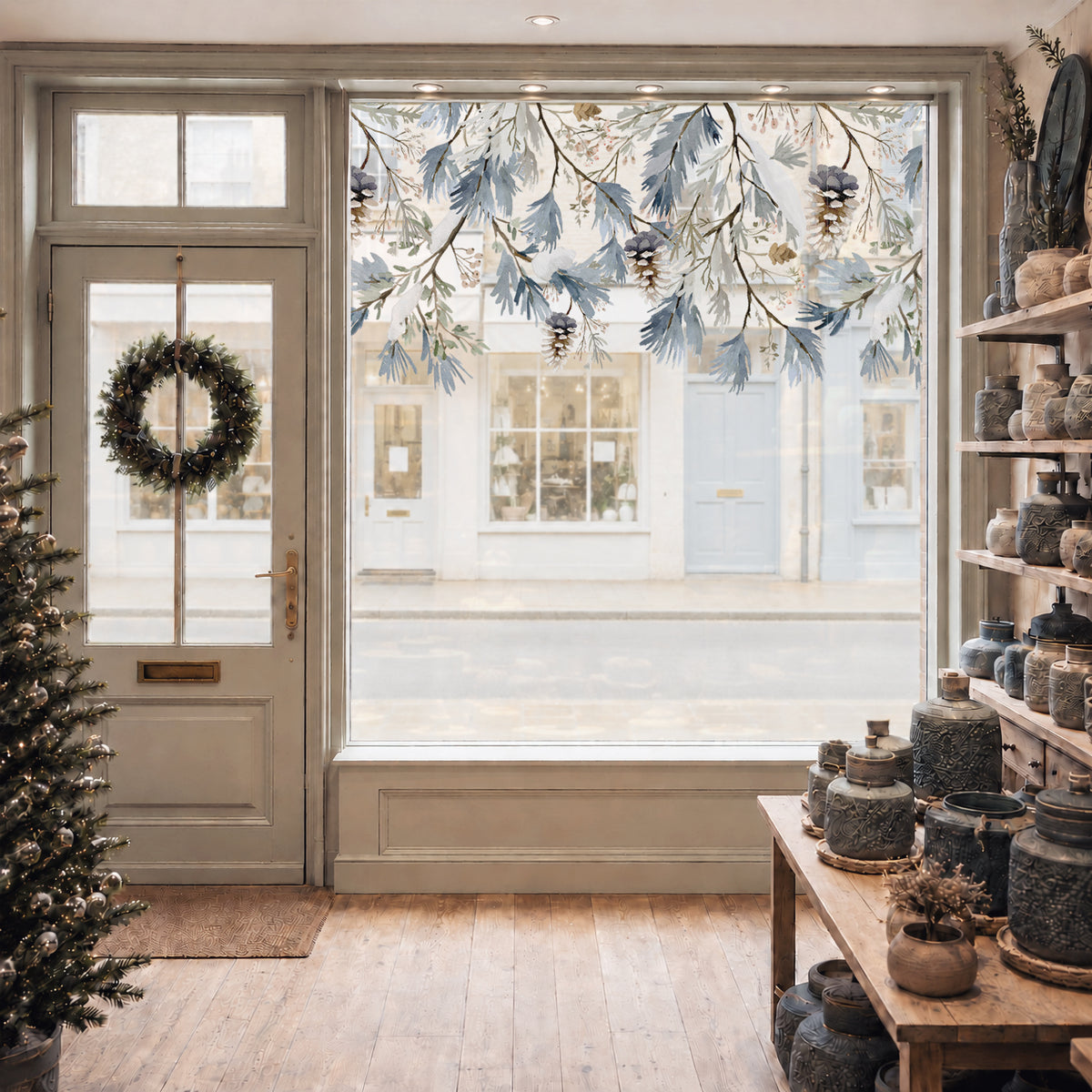 Winter Pine Cone & Branch Shop Window Decal Border for Christmas Decor
