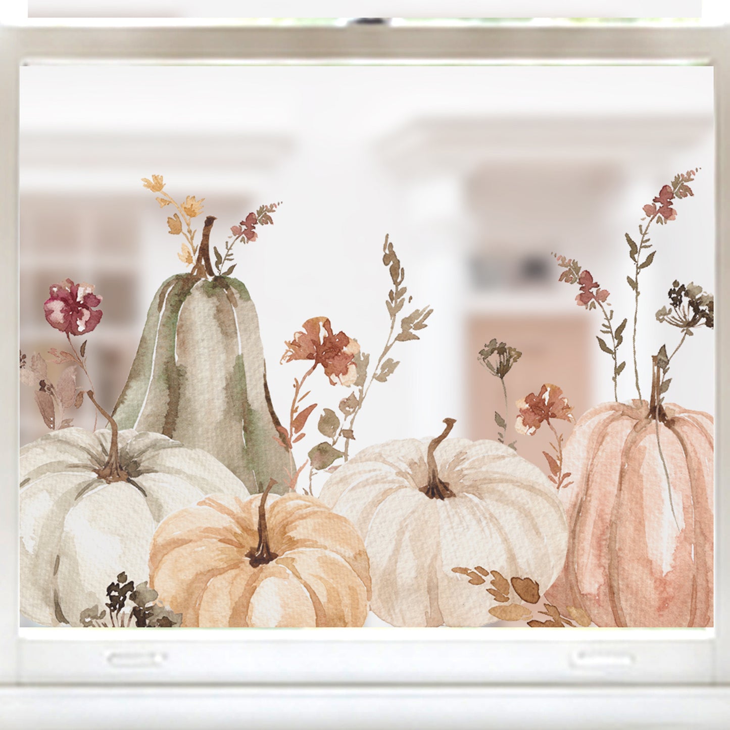Neutral Pumpkins & Flowers Shop Window Decal Border for Autumn Display