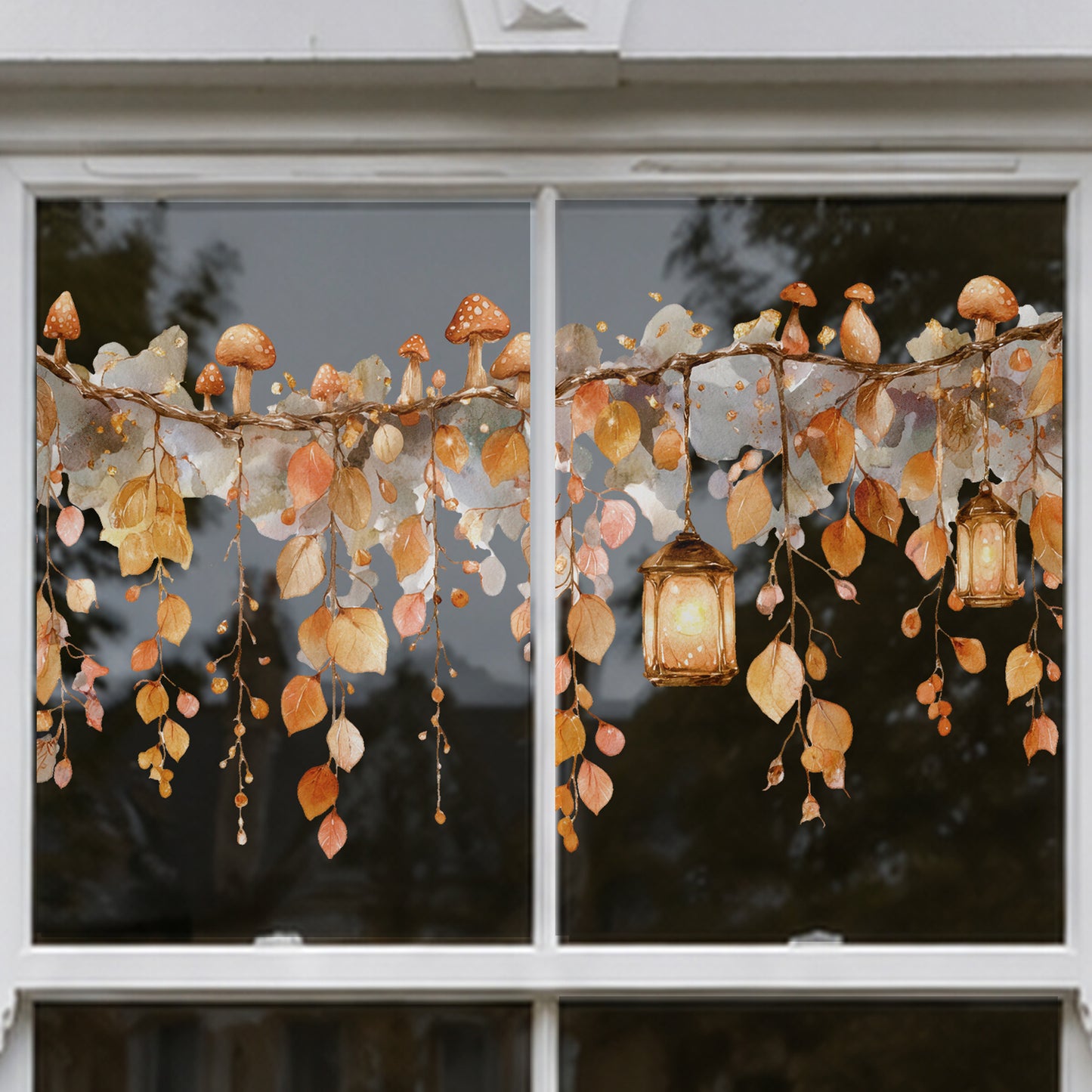 Whimsical Autumn Leaves & Lantern Window Cling for Shop Fall Display