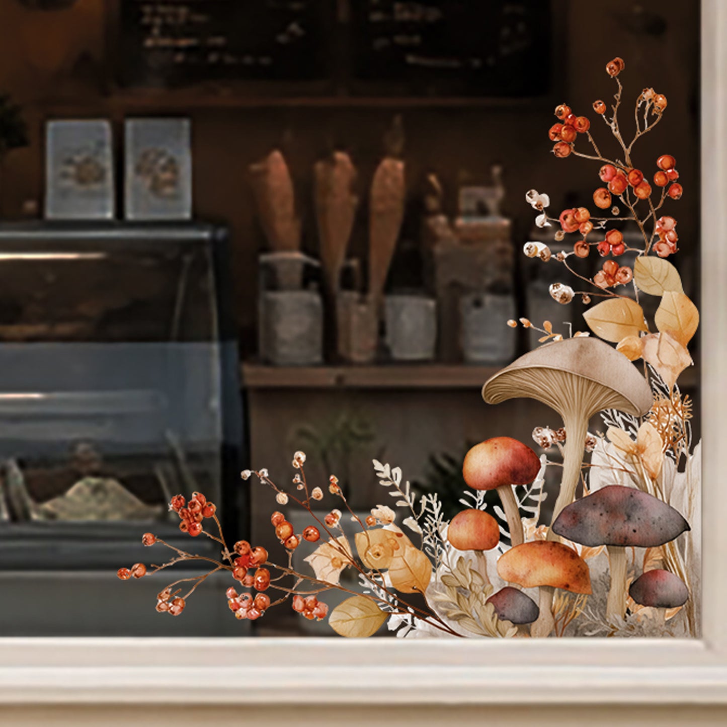 2x Fall Mushroom Corner Window Clings for Autumn Decor