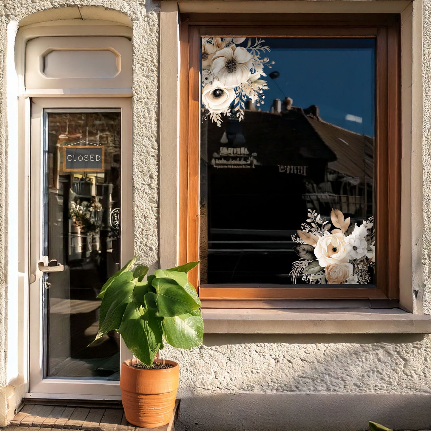 2x Neutral Boho Flowers Corner Window Decals