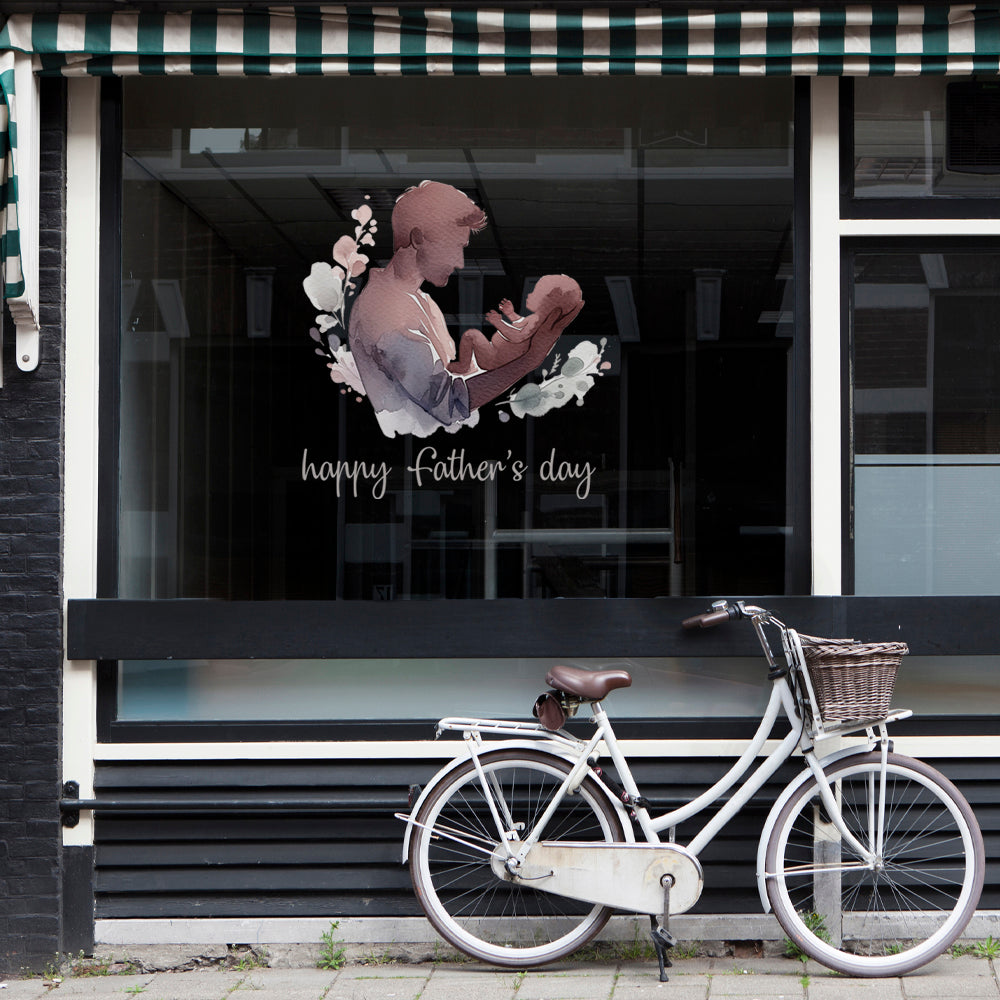 Father's Day Window Cling Decal for Retail Shop Displays - Floral Boho Dad Holding Baby