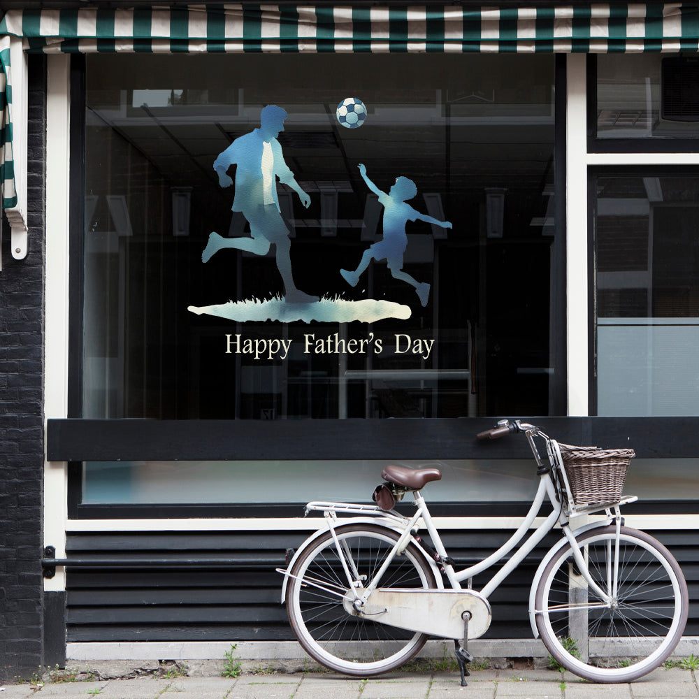 Happy Father's Day Retail Window Cling Sticker - Blue Watercolour Dad & Son Playing Football