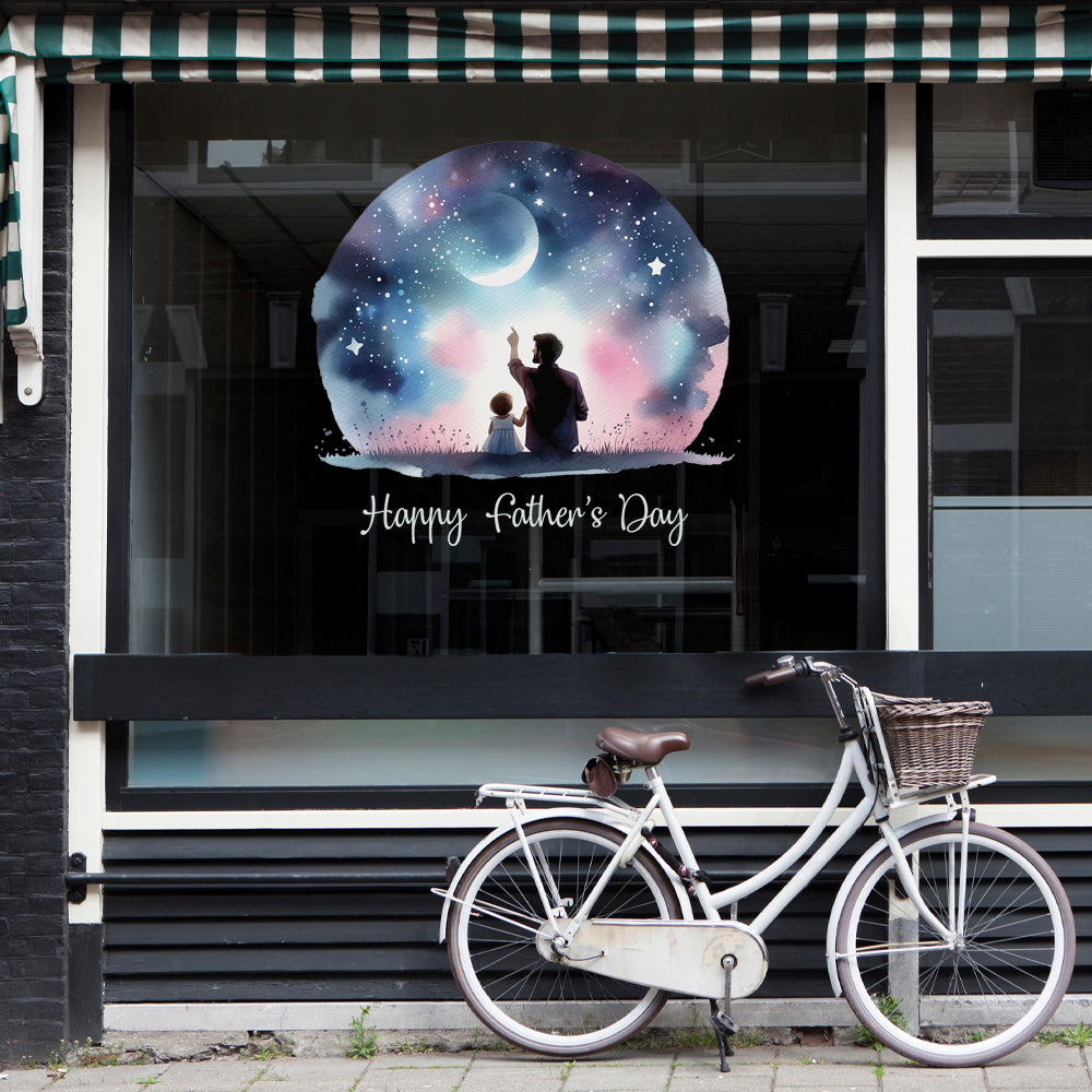 Father's Day Window Cling Decal for Retail Shop Displays - Dad & Daughter with Blue Starry Night Sky