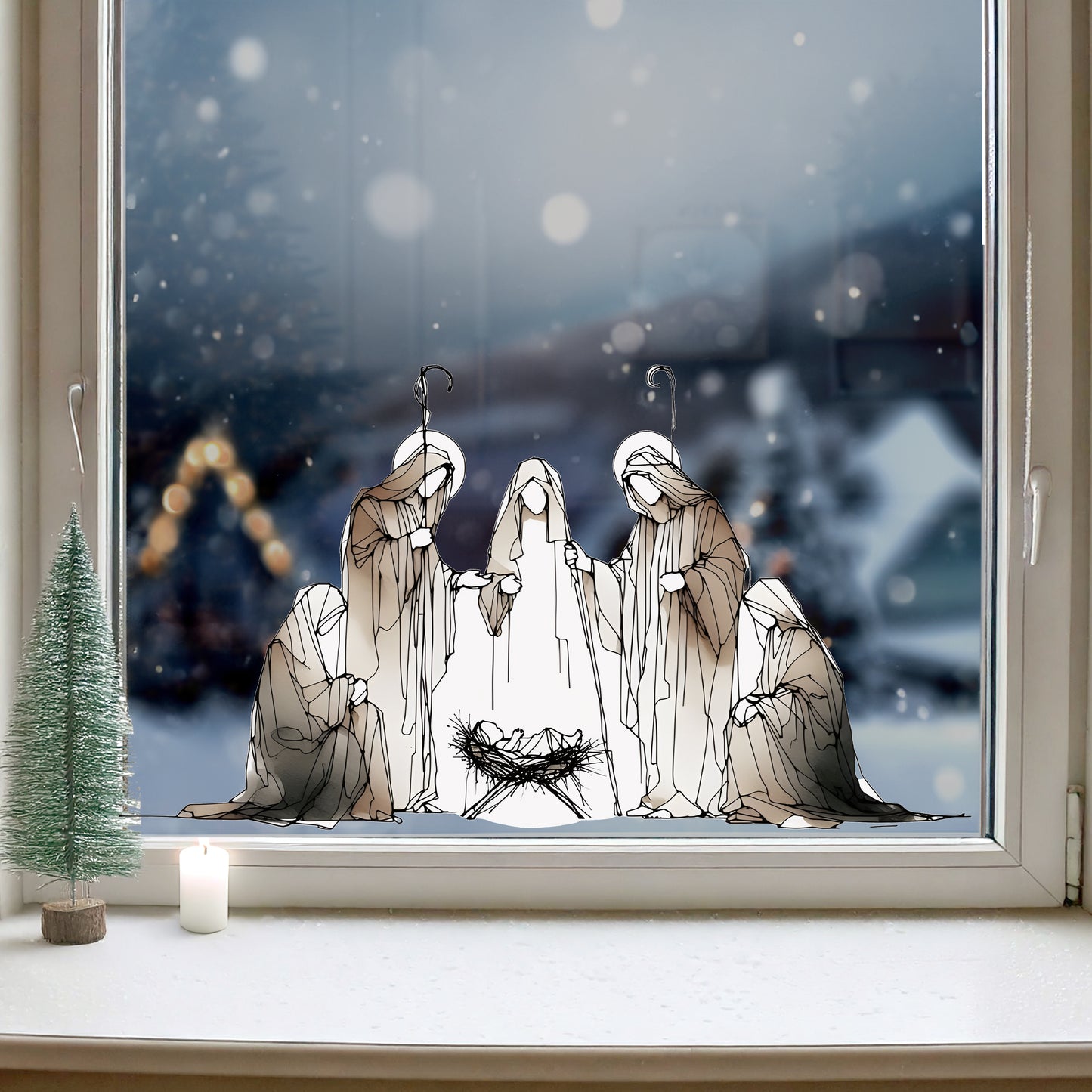 Brown Watercolour Nativity Scene Christmas Window Decal - Dizzy Duck Designs