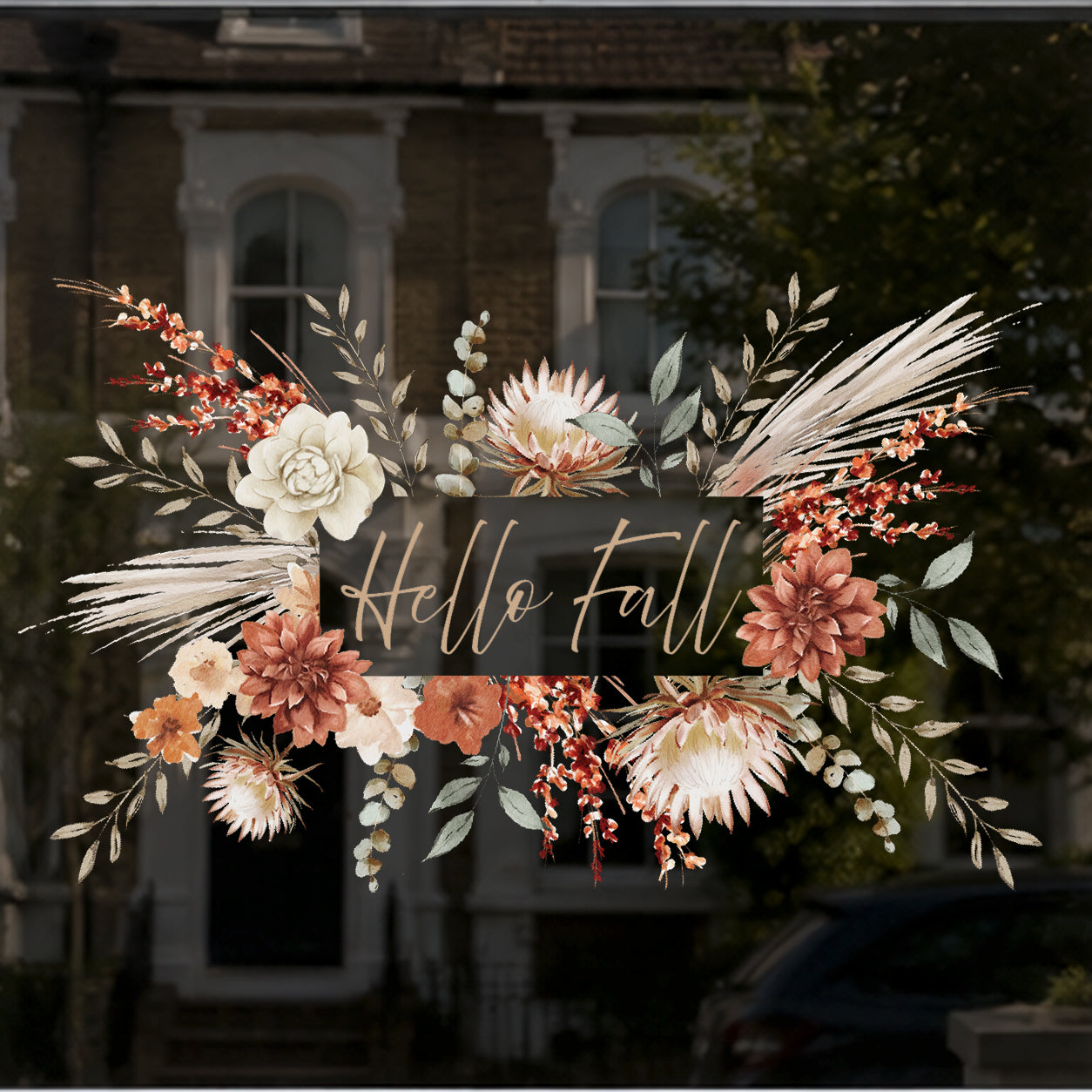 Custom Text Autumn Bohemain Flower Window Cling - Autumn Shop Display
