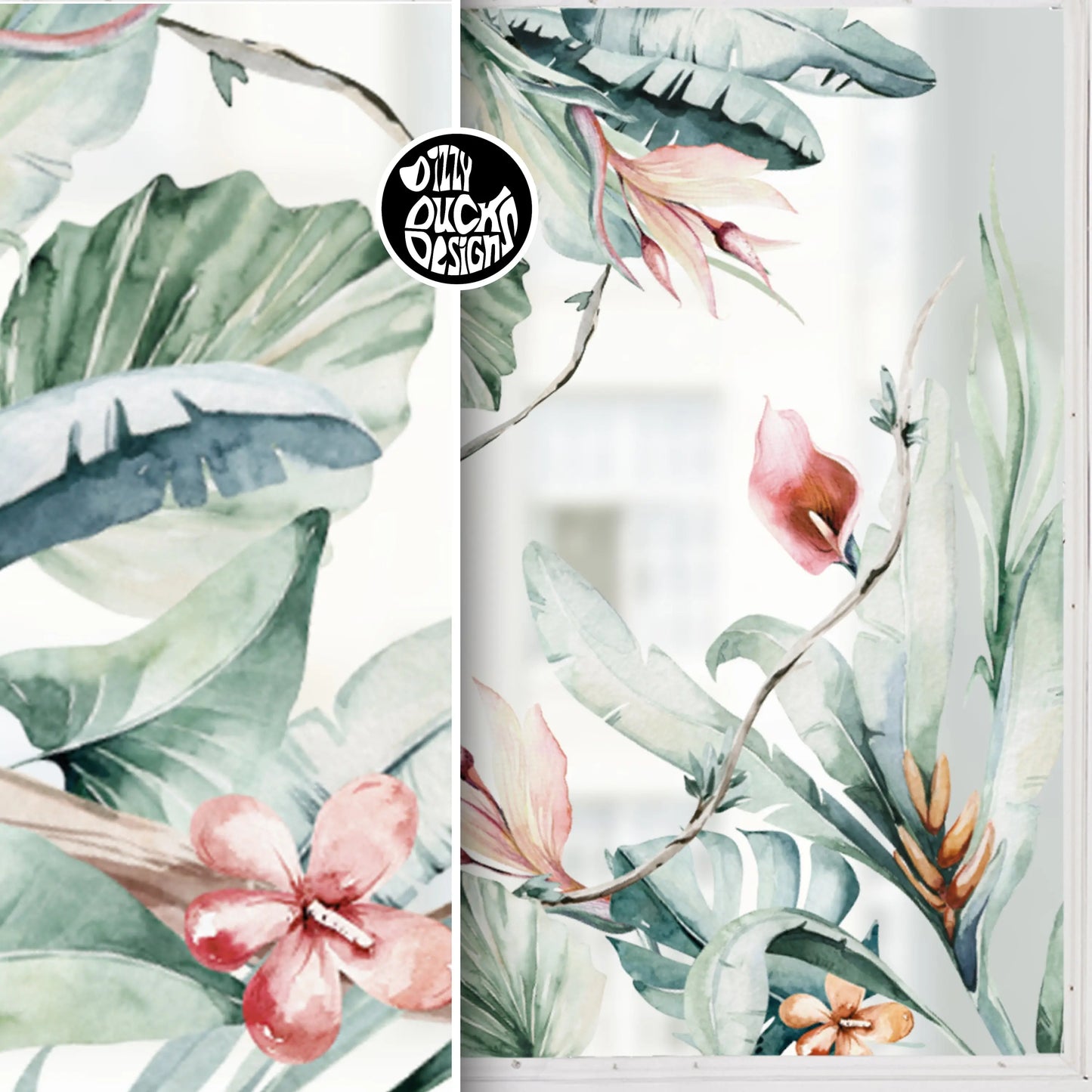 2x Tropical Leaves Window Decal Corners - Dizzy Duck Designs