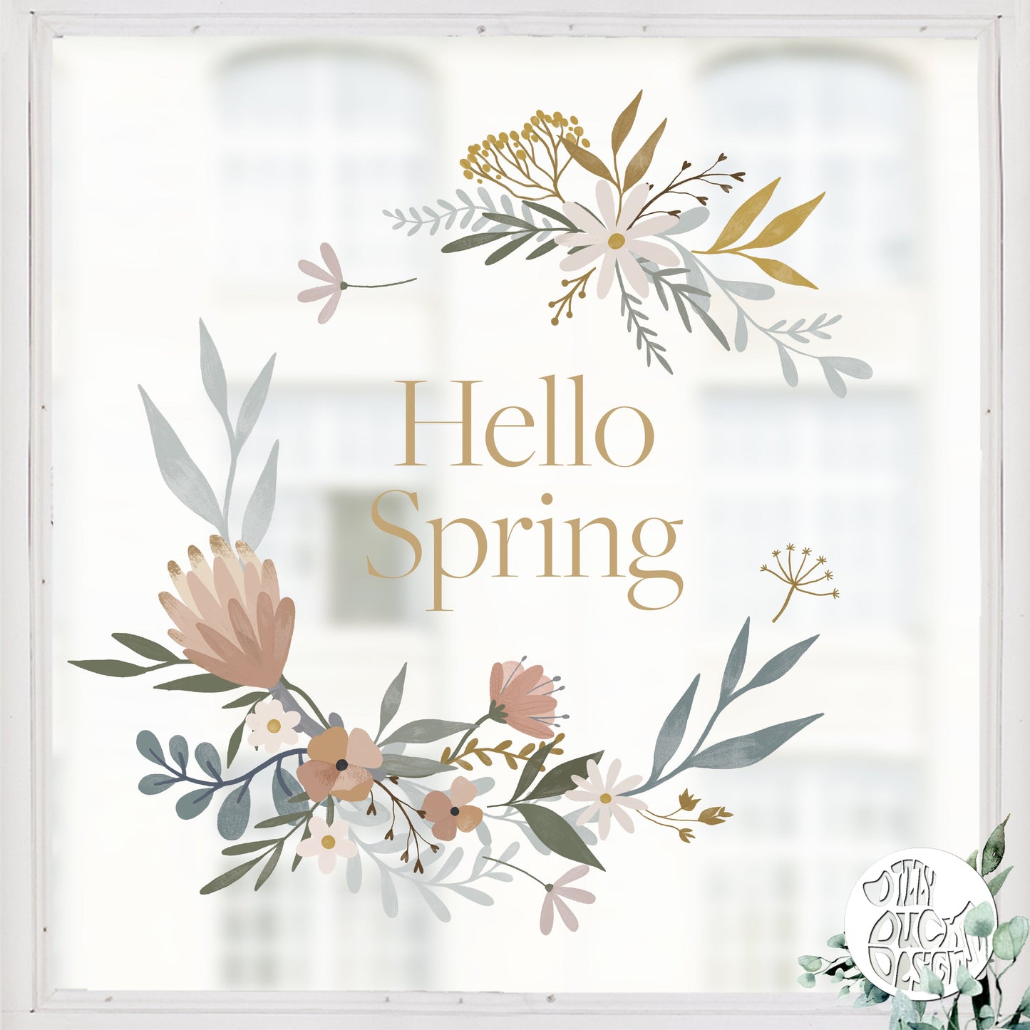 Hello Spring Orange Flower Wreath Window Decal - Dizzy Duck Designs