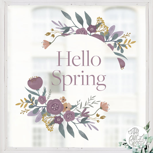 Window Decal Hello Spring Purple Flower Wreath Window Decal Dizzy Duck Designs