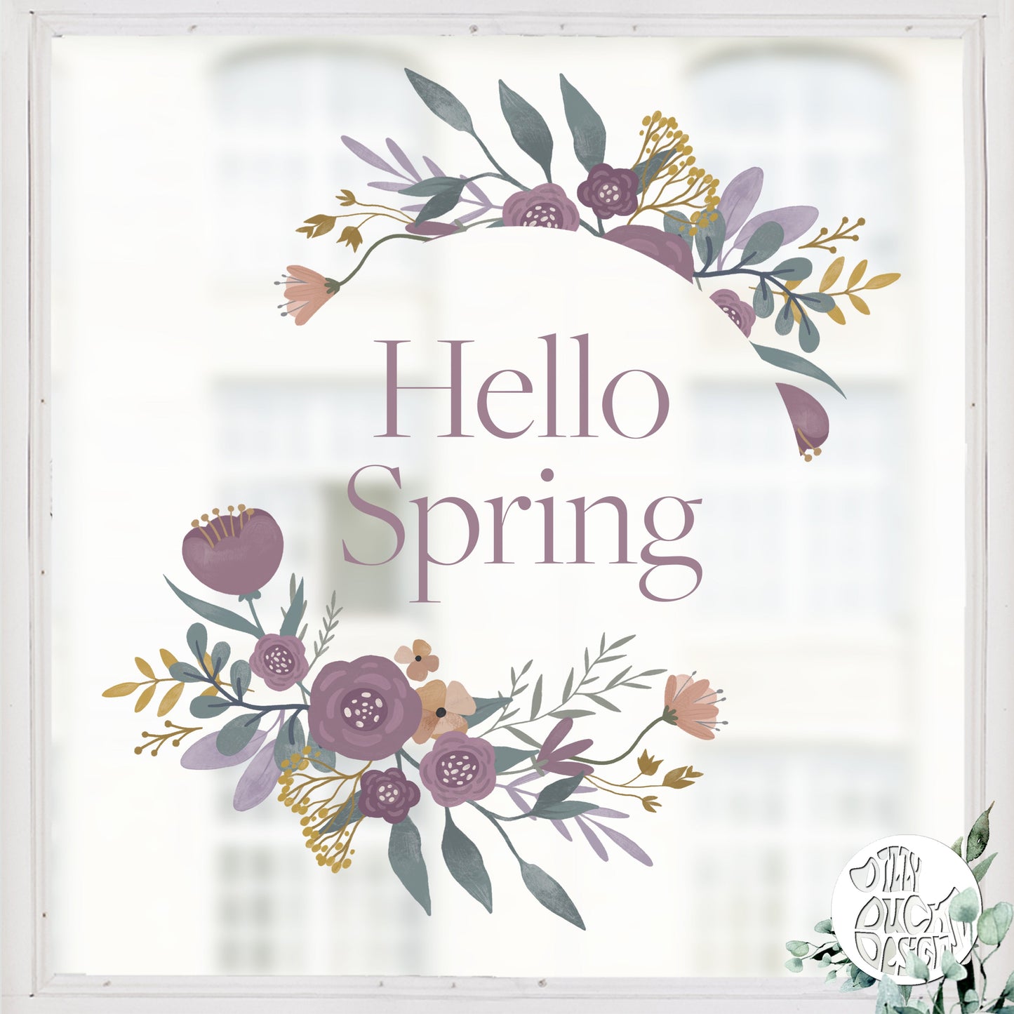 Hello Spring Purple Flower Wreath Window Decal - Dizzy Duck Designs