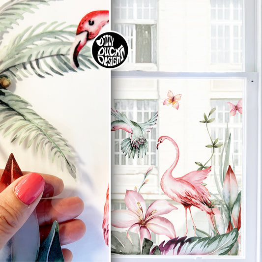Window Decal Tropical Flamingo Clear Border Privacy Window Decal Dizzy Duck Designs