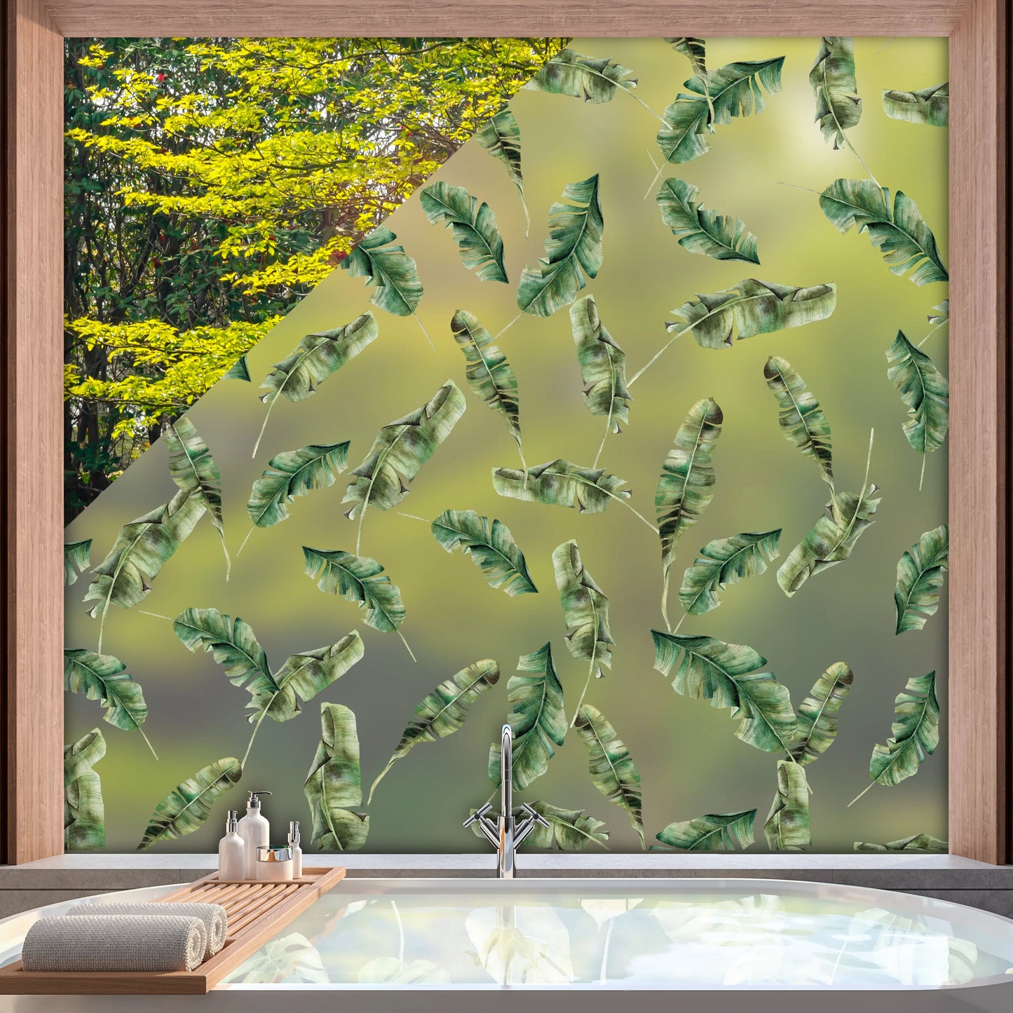 Banana Leaf Tropical Privacy Frosted Window Panel - Dizzy Duck Designs