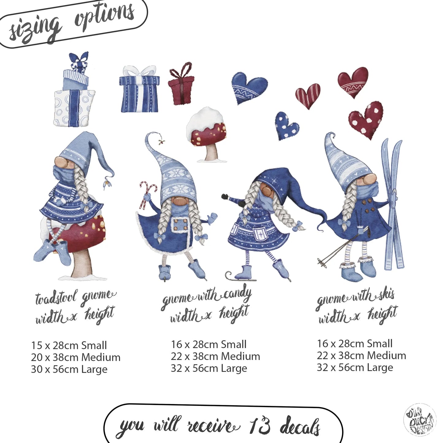 Blue Girl Gnome Window Decal Set - Dizzy Duck Designs