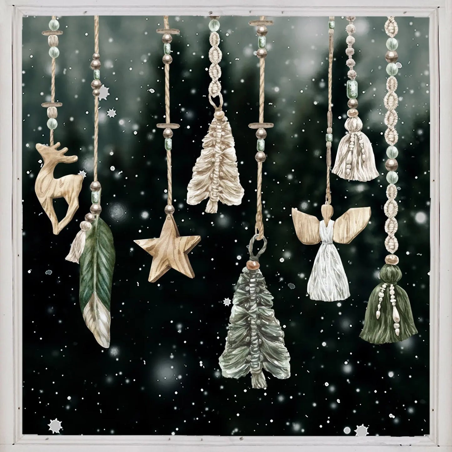 Boho Christmas Baubles Window Decals - Green Macrame - Dizzy Duck Designs