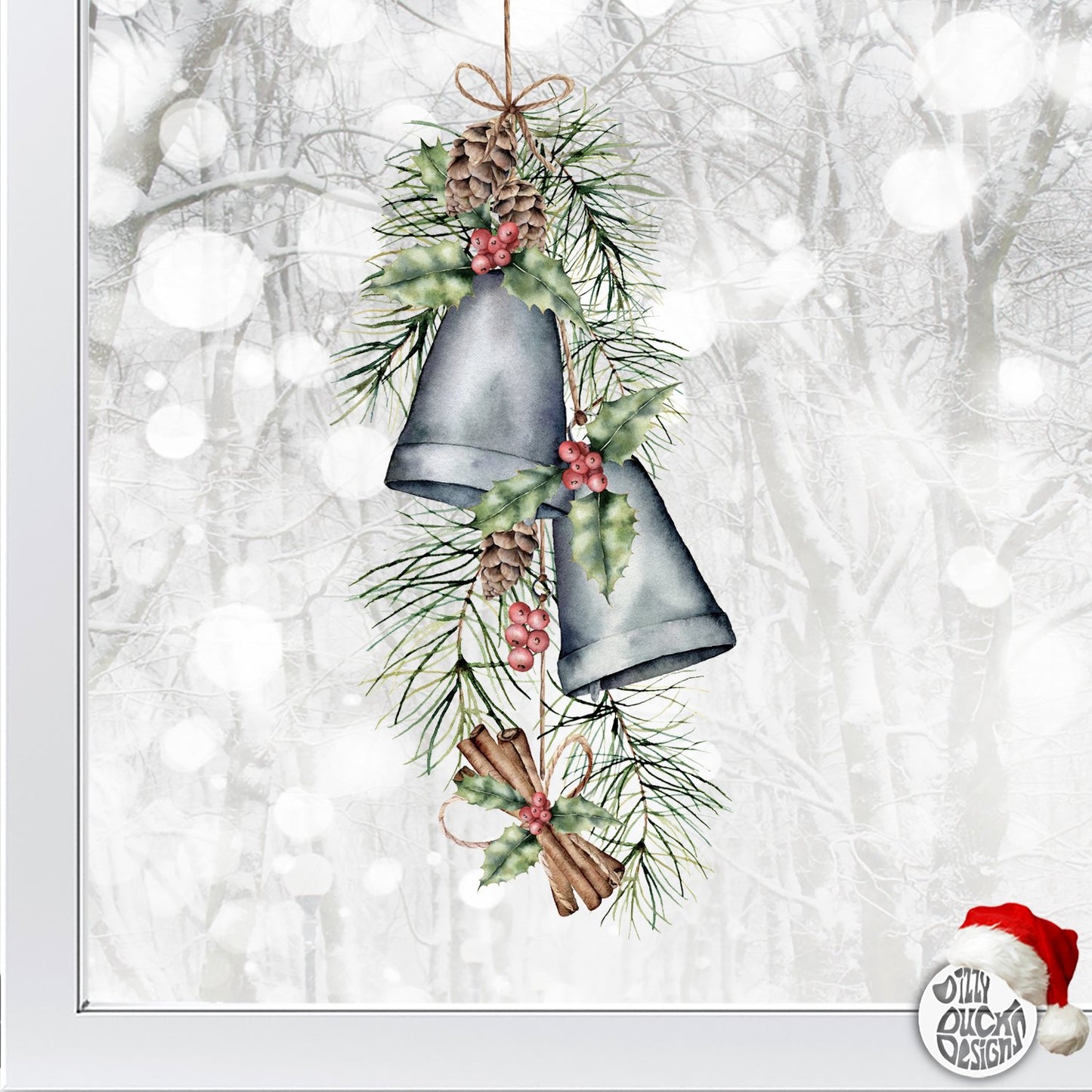 Christmas Bells & Holly Window Decal - Dizzy Duck Designs