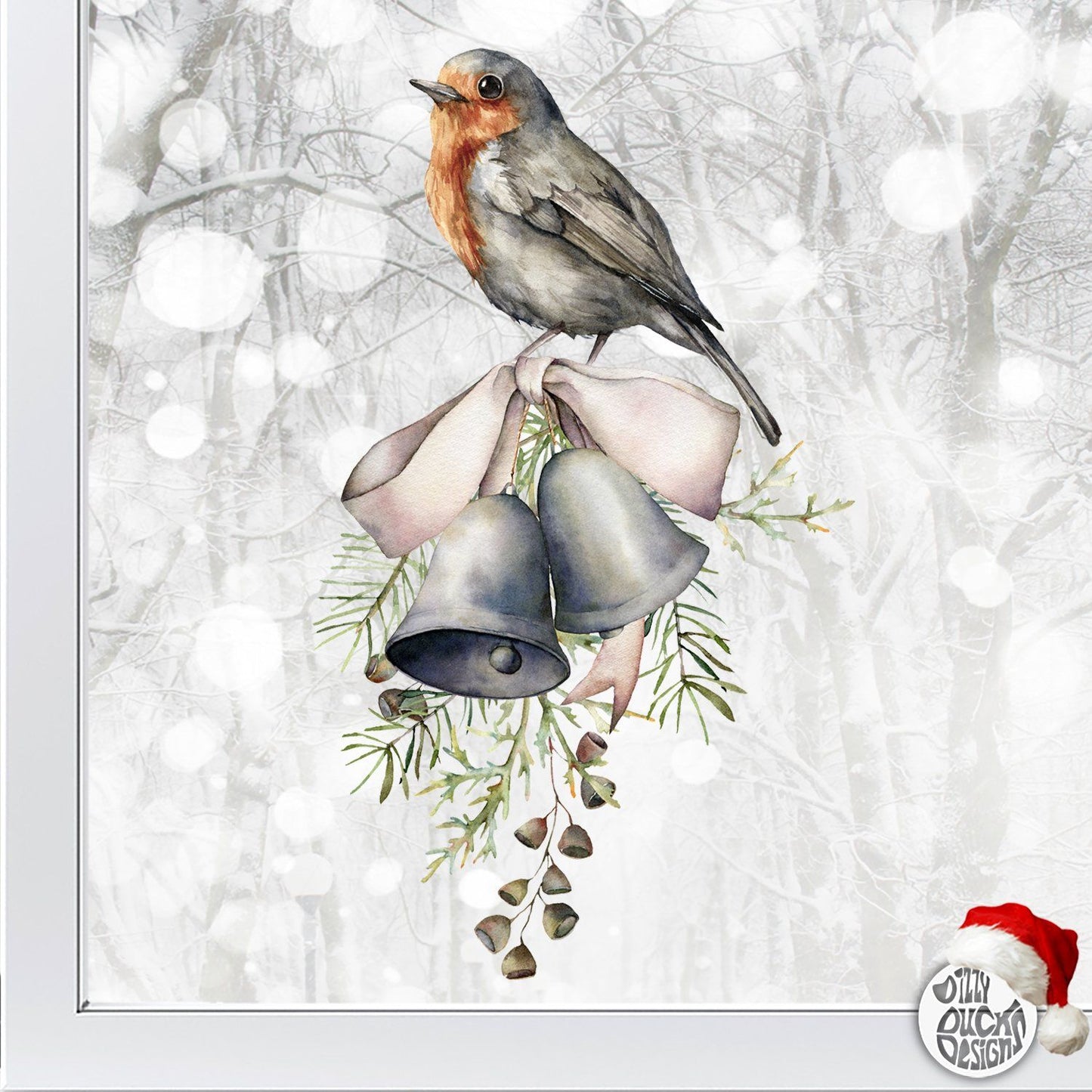 Christmas Robin On Bells Window Decal - Dizzy Duck Designs