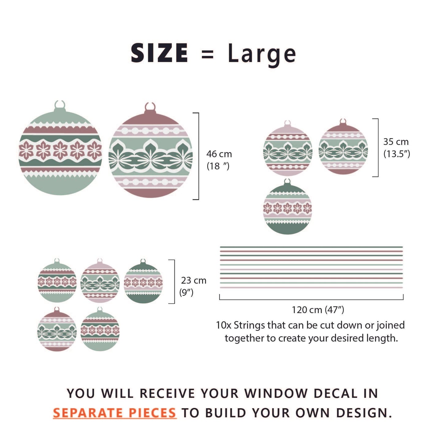 10 Nordic Christmas Bauble Window Decals - Pink/Green - Dizzy Duck Designs