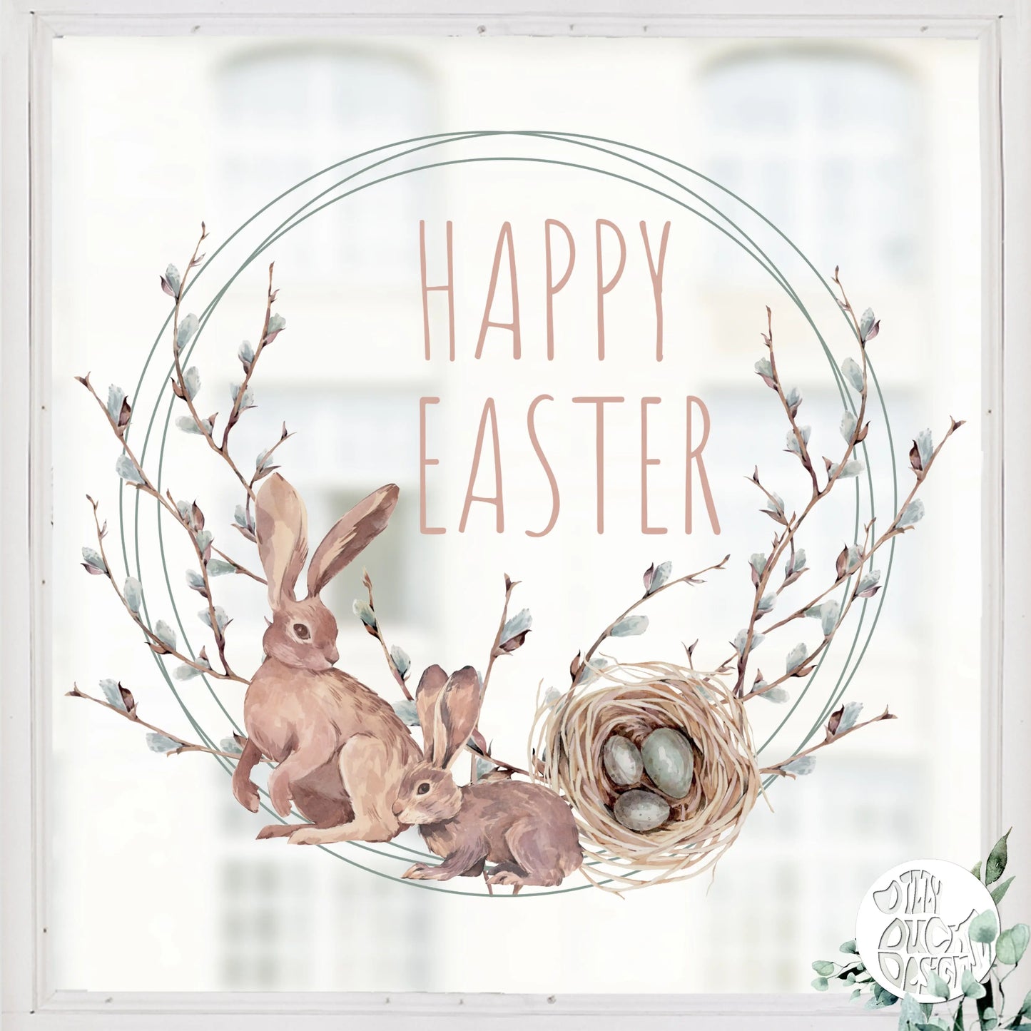 Happy Easter Bunny Willow Window Decal Wreath - Dizzy Duck Designs