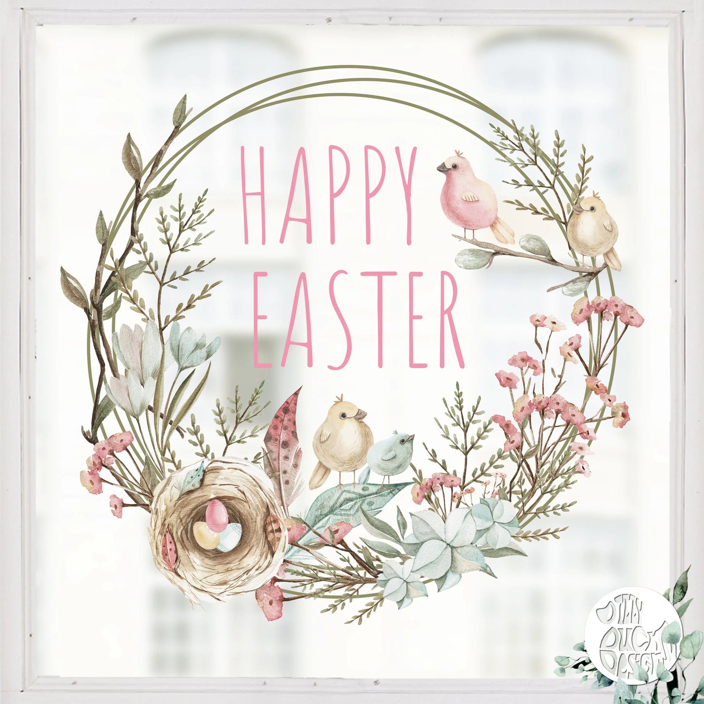 Happy Easter Spring Pastel Wreath Window Decal - Dizzy Duck Designs