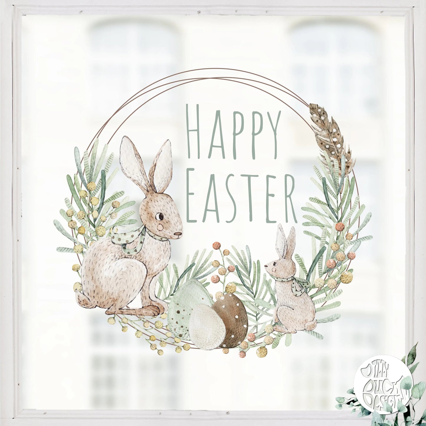Happy Easter Spring Watercolour Wreath Window Decal - Dizzy Duck Designs