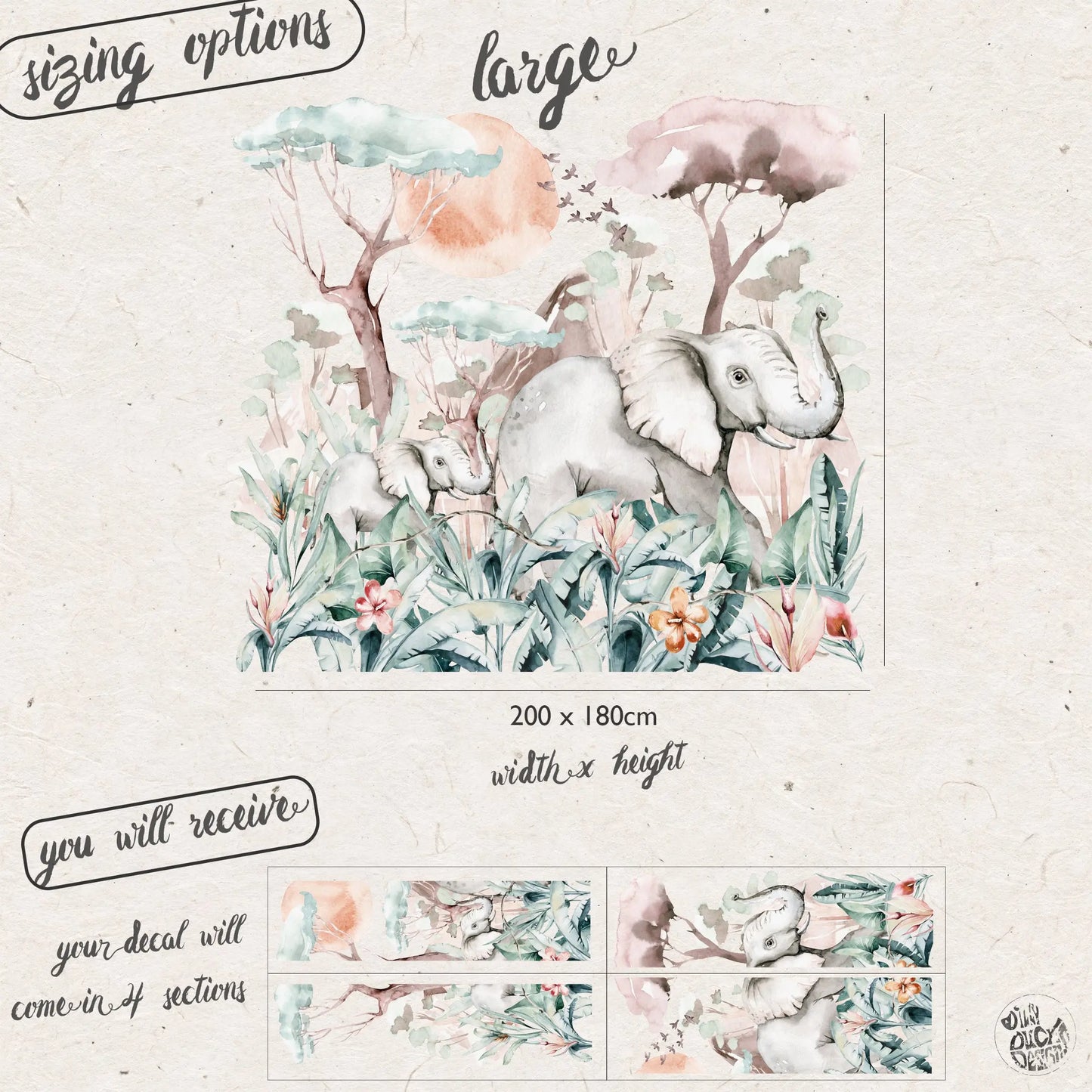 Safari Elephant Mural Wall Decal - Dizzy Duck Designs