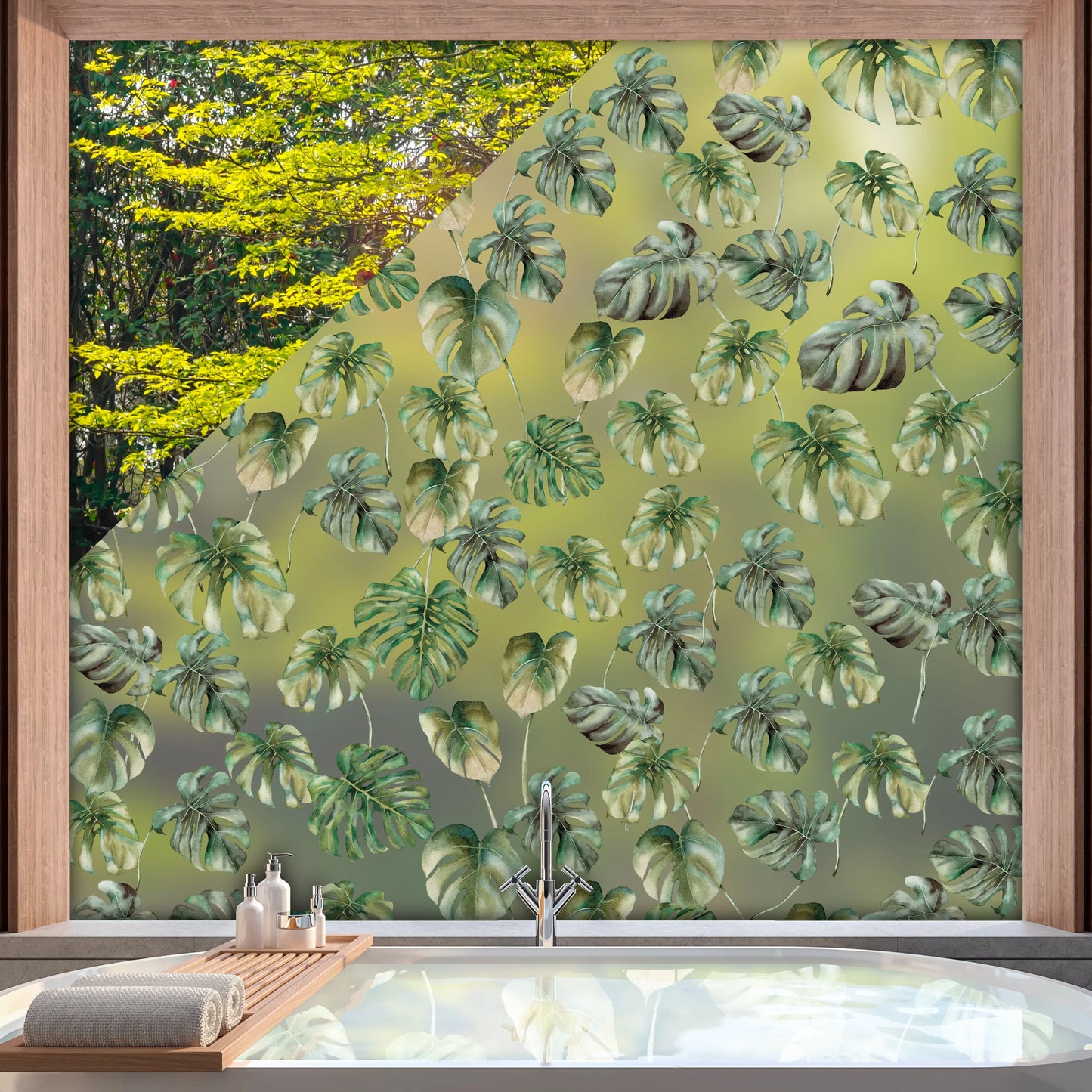 Monstera Leaf Tropical Privacy Frosted Window Panel - Dizzy Duck Designs