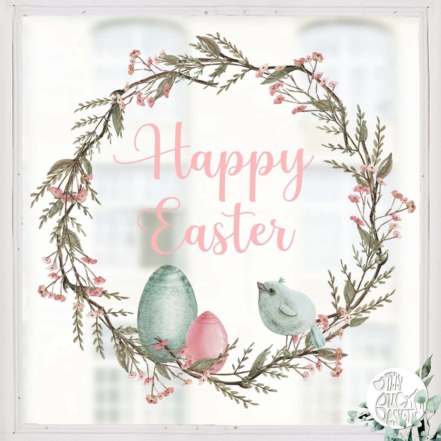 Pastel Flower Happy Easter Wreath Window Decal - Dizzy Duck Designs