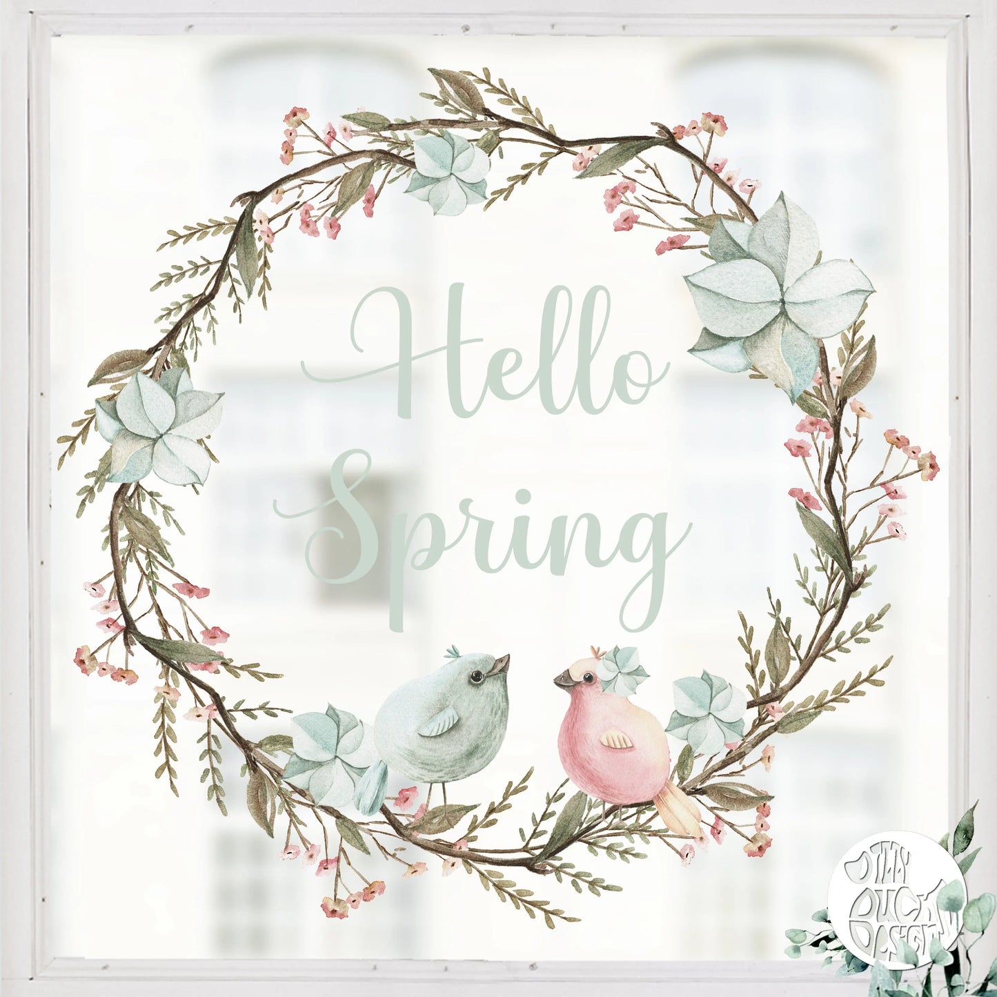 Pastel Flower Hello Spring Wreath Window Decal - Dizzy Duck Designs