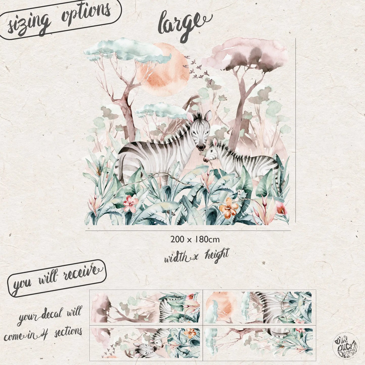 Safari Zebra Mural Wall Decal - Dizzy Duck Designs