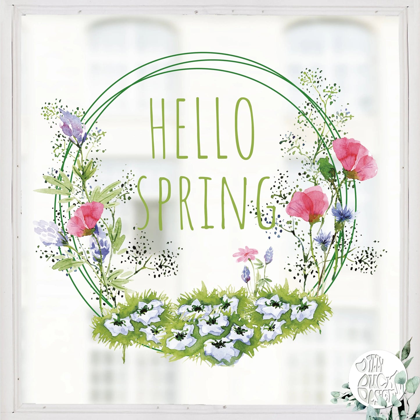 Watercolour Meadow Hello Spring Window Decal Wreath - Dizzy Duck Designs