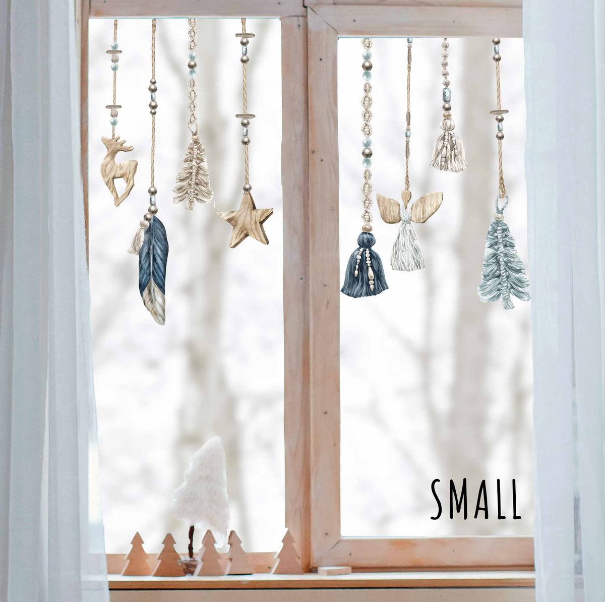 Boho Blue Macrame Christmas Baubles Window Cling Decorations