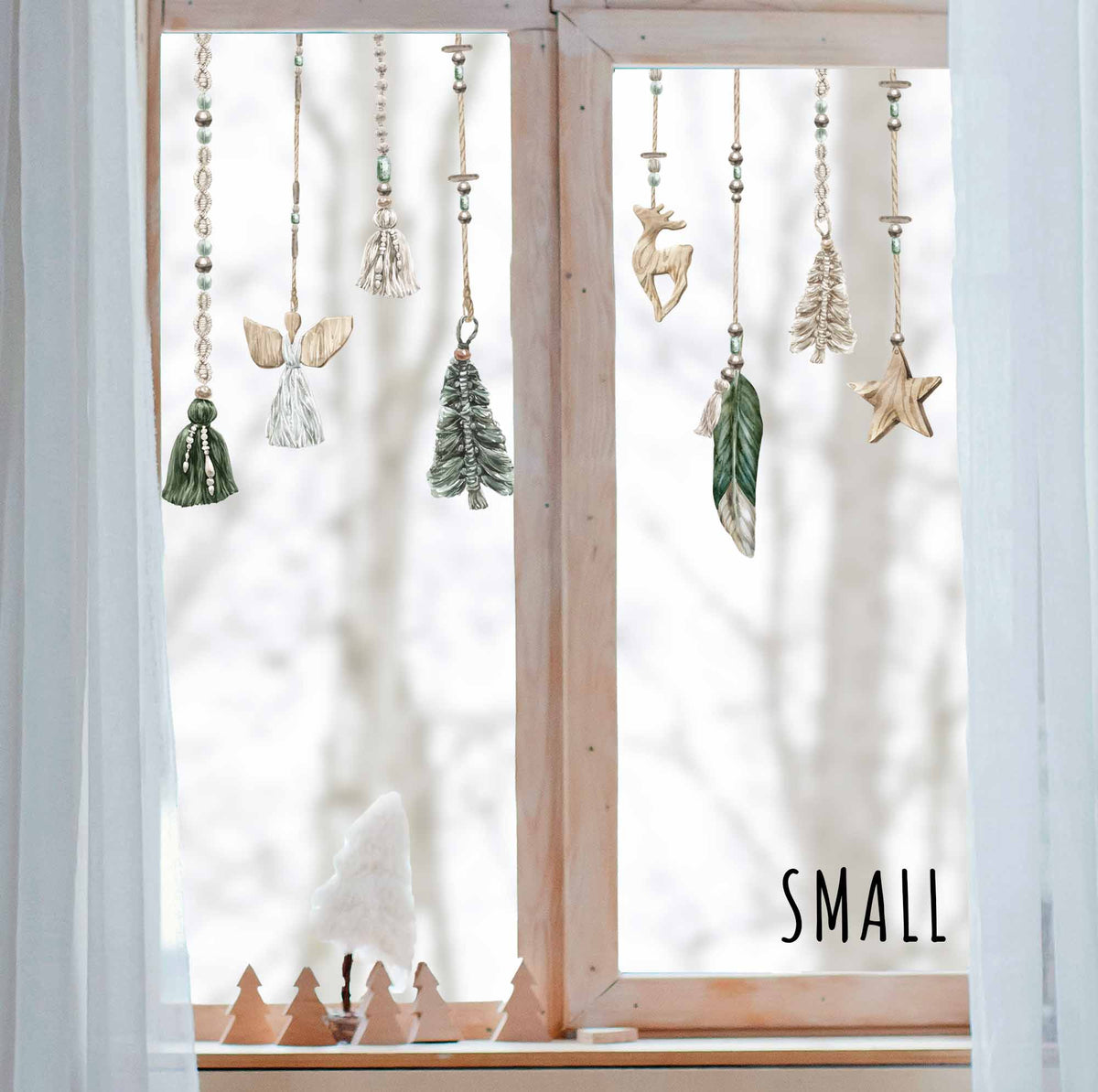 Boho Green Macrame Christmas Baubles Window Cling Decorations
