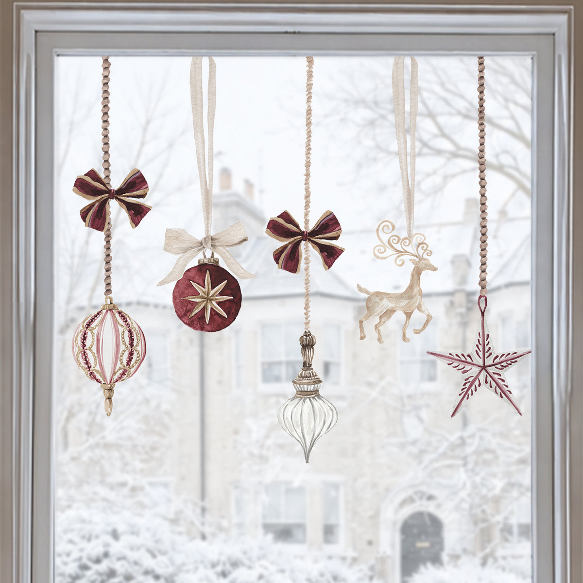 Burgundy Christmas Bauble Window Cling Decorations for Shops or Homes