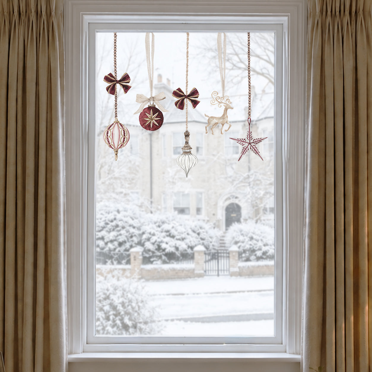 Burgundy Christmas Bauble Window Cling Decorations for Shops or Homes