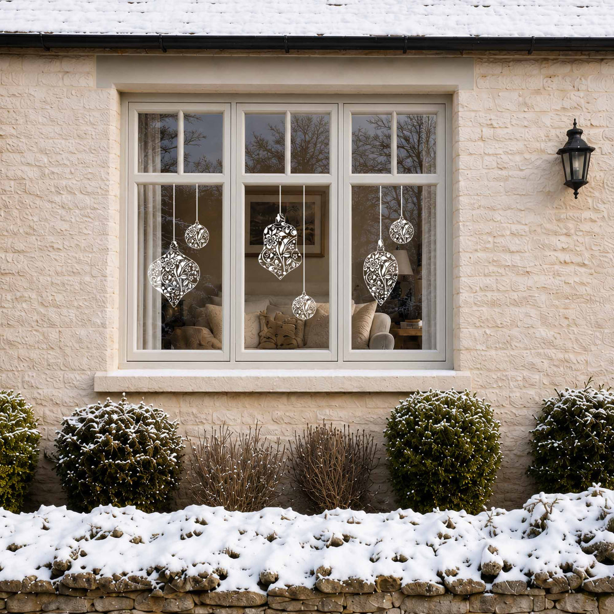 White Floral Bauble Christmas Window Clings for Home & Shop Decoration