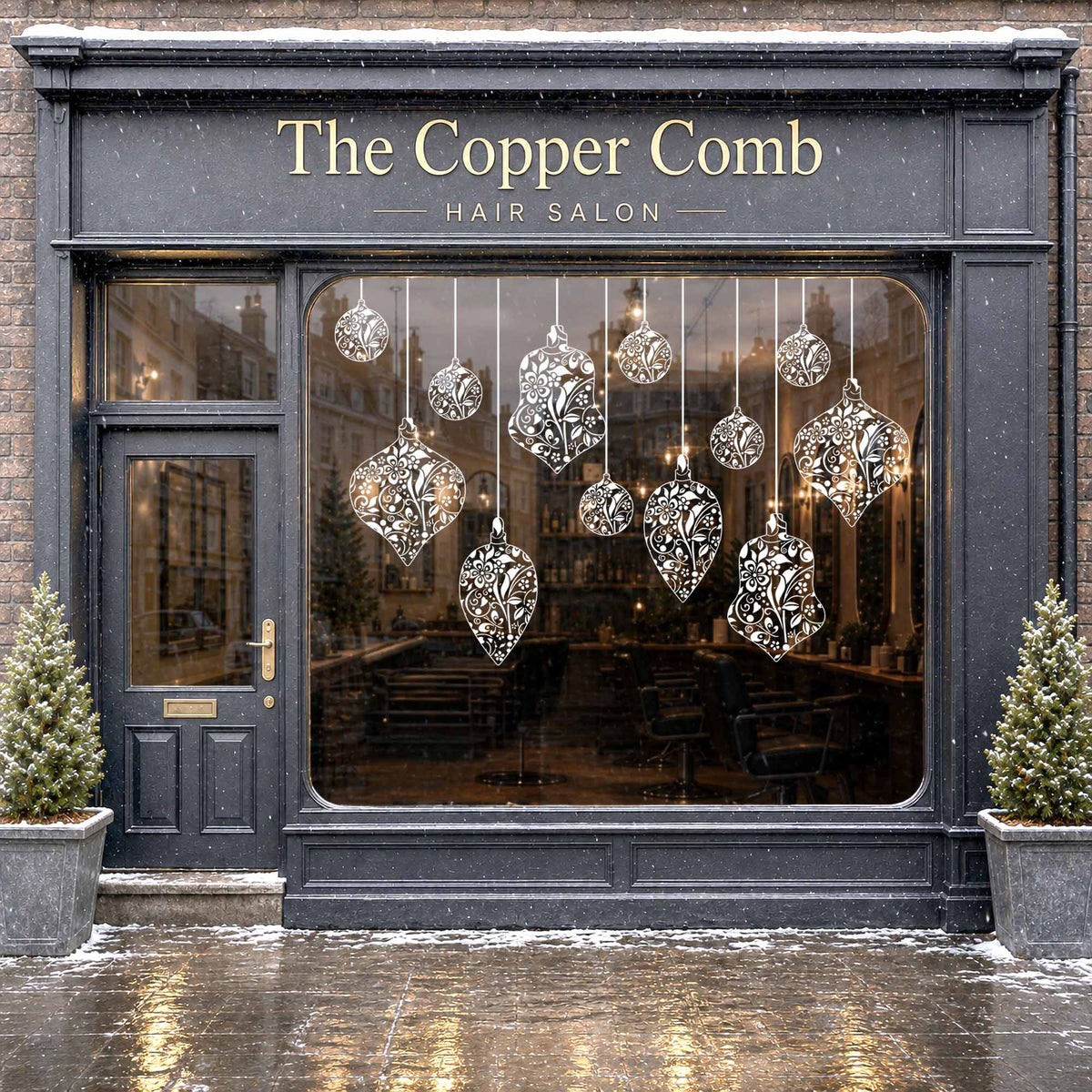 White Floral Bauble Christmas Window Clings for Home & Shop Decoration