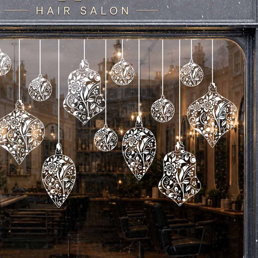White Floral Bauble Christmas Window Clings for Home & Shop Decoration