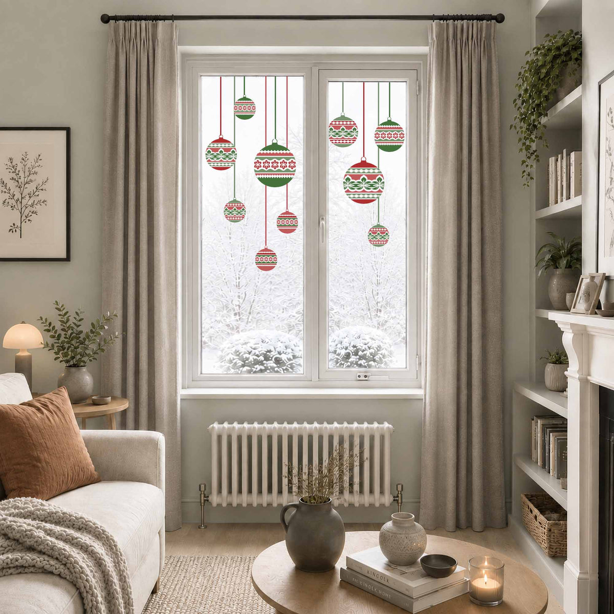 Red & Green Nordic Christmas Bauble Window Cling Decorations