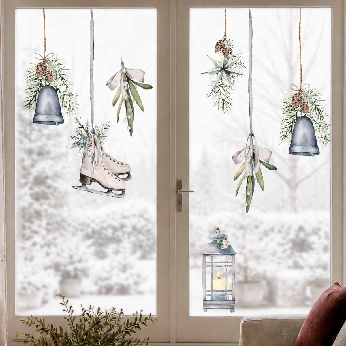 Vintage Skates and Pine Bauble Christmas Cling Decorations