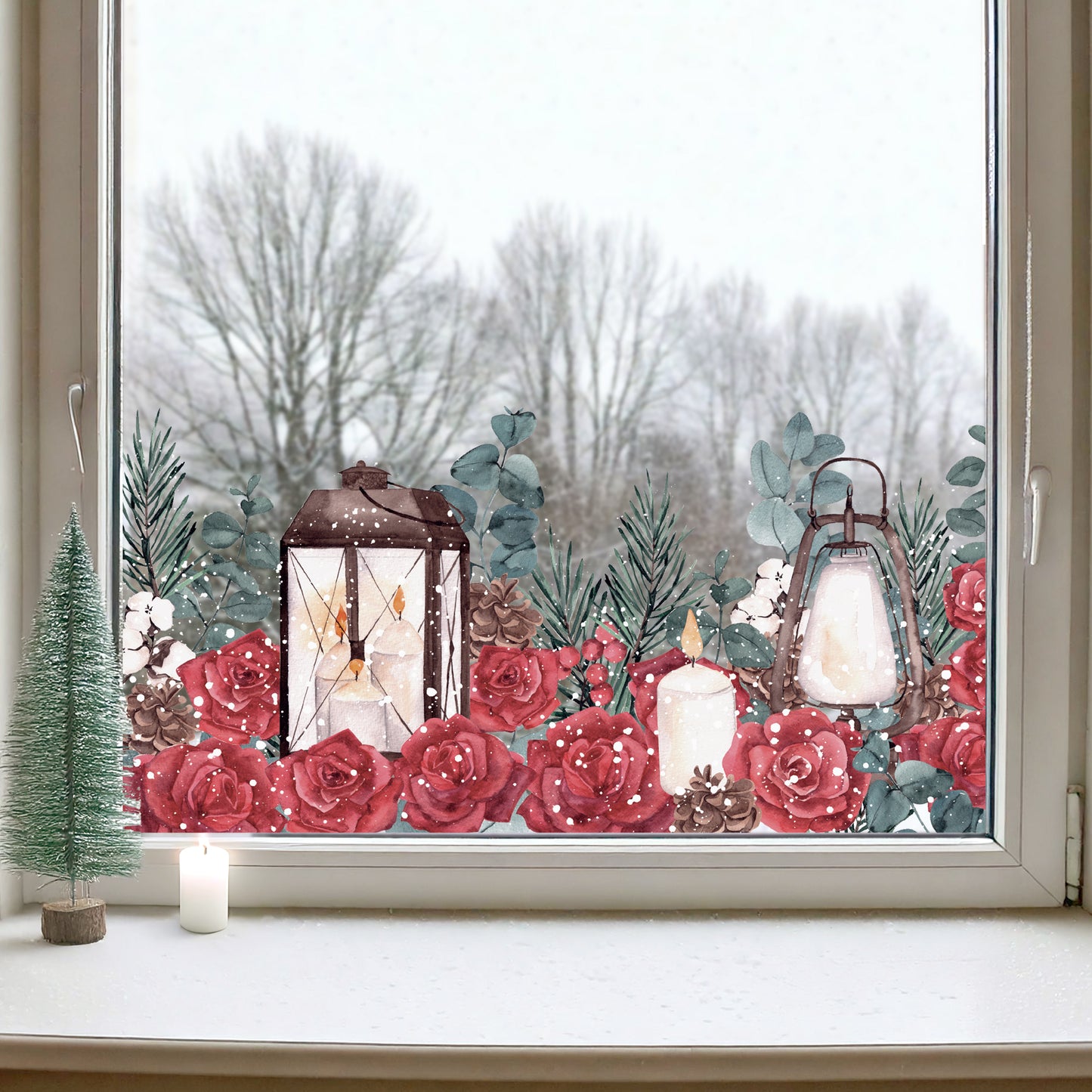 Winter Roses Lantern Window Border Decal