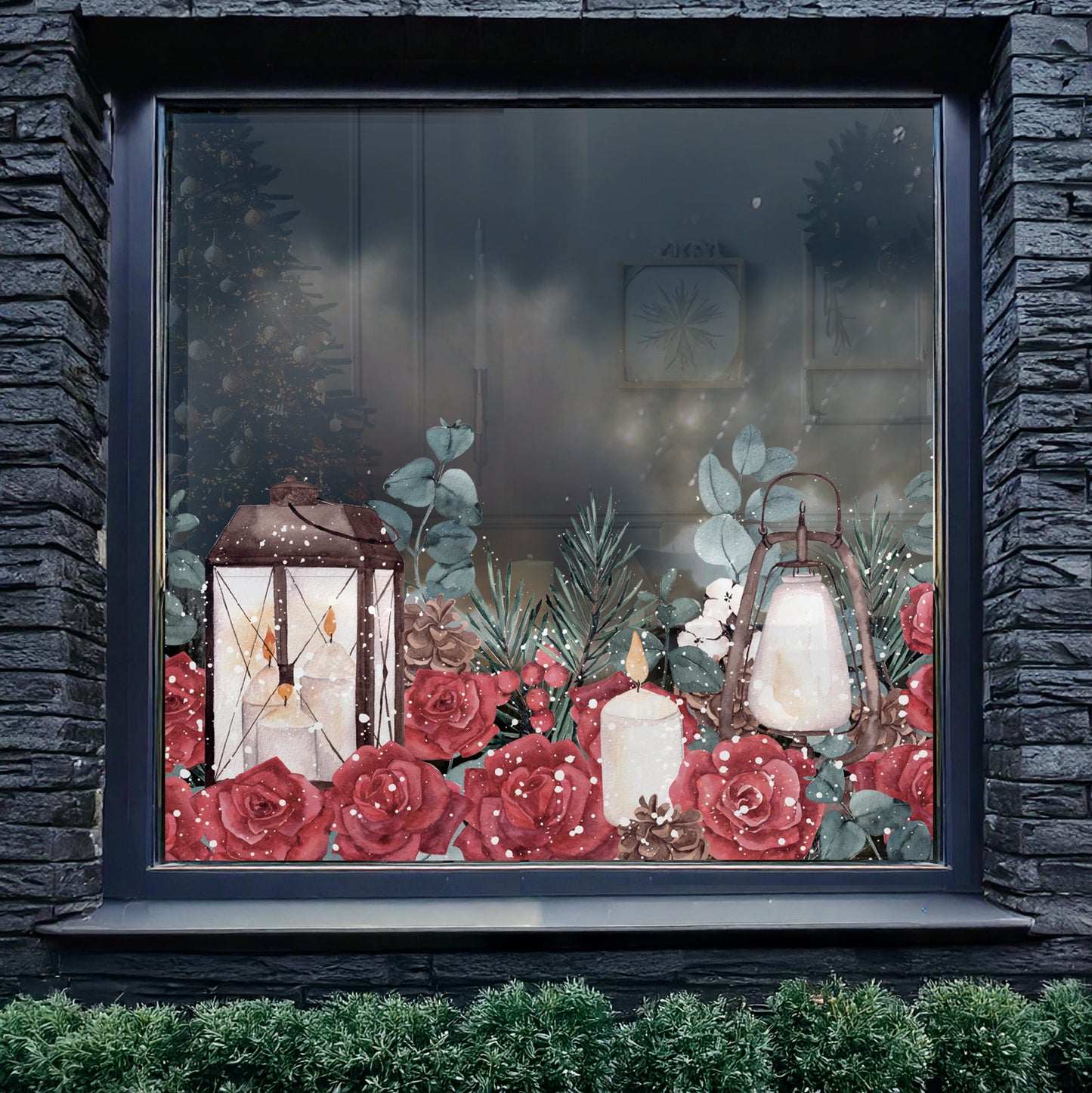 Winter Roses Lantern Window Border Decal