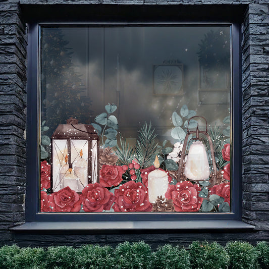 Winter Roses Lantern Window Border Decal