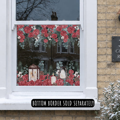 Winter Red Roses with Snow Christmas Window Border Cling Decoration