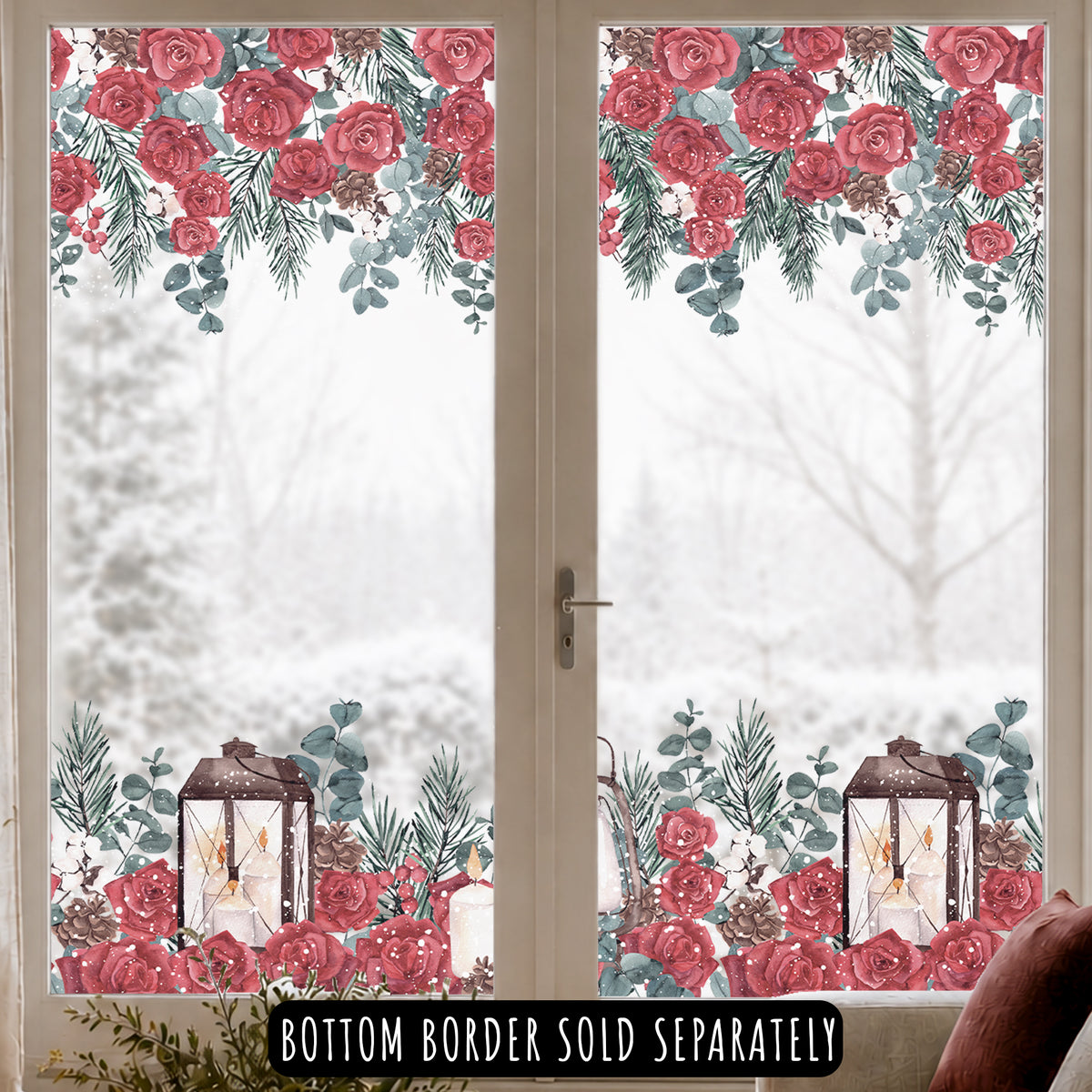 Winter Red Roses with Snow Christmas Window Border Cling Decoration