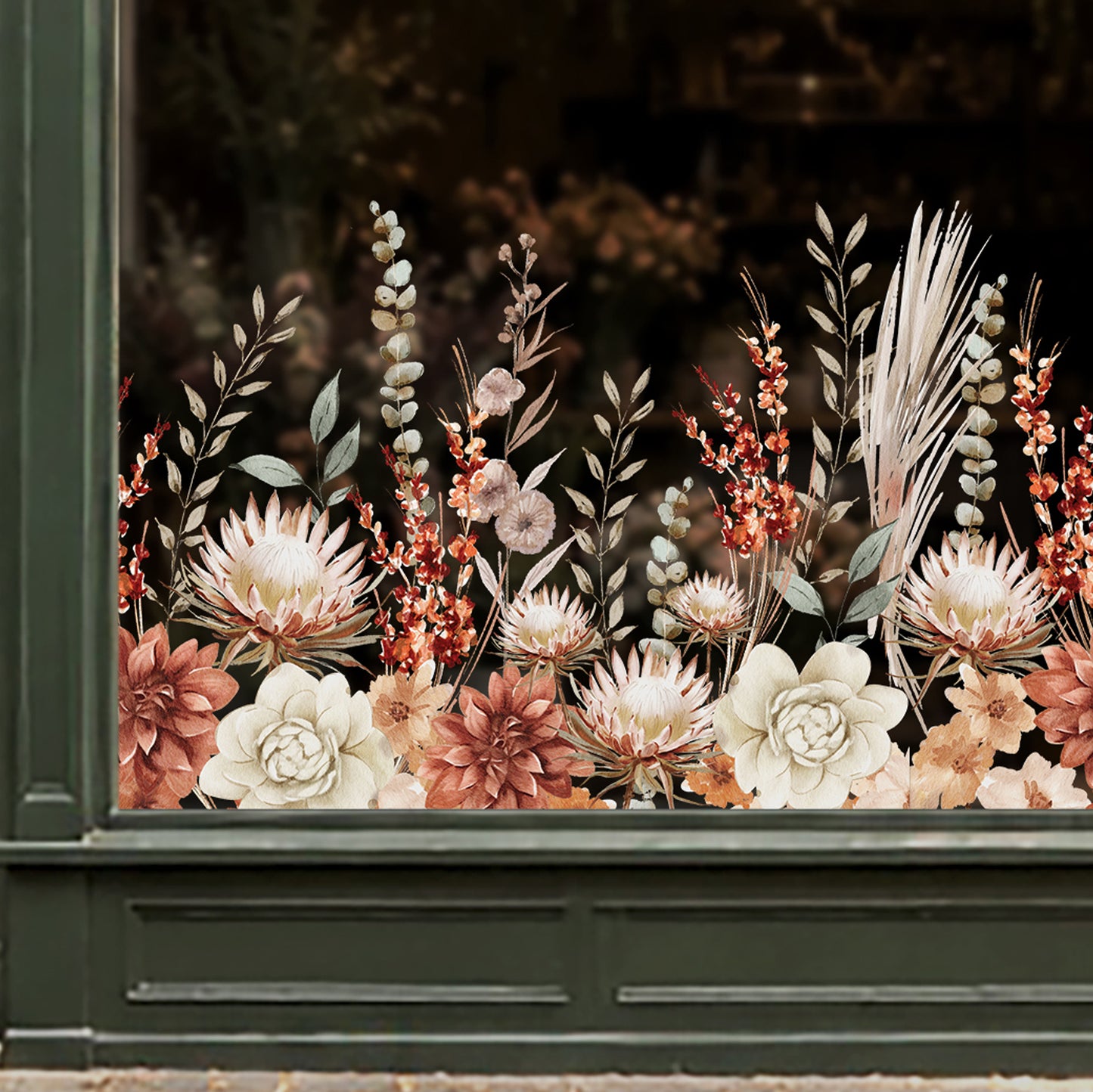 Bohemian Autumn Flowers Shop Window Decal Border for Fall Decor