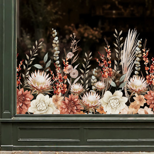 Bohemian Autumn Flowers Shop Window Decal Border for Fall Decor