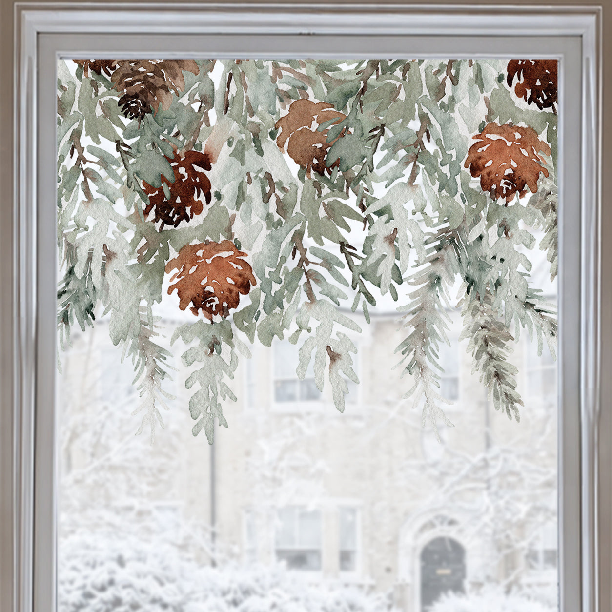 Watercolour Pine Cone Window Cling Border for Shop or Home Christmas Decor