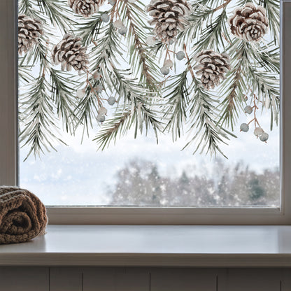 Winter Pine Cone Home or Shop Window Decal Border for Christmas Decor